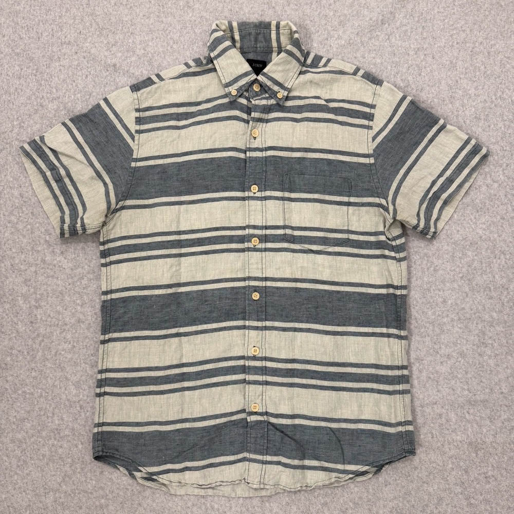 J. Crew Shirt Mens Small Grey Striped 100% Linen Short Sleeve Button Down